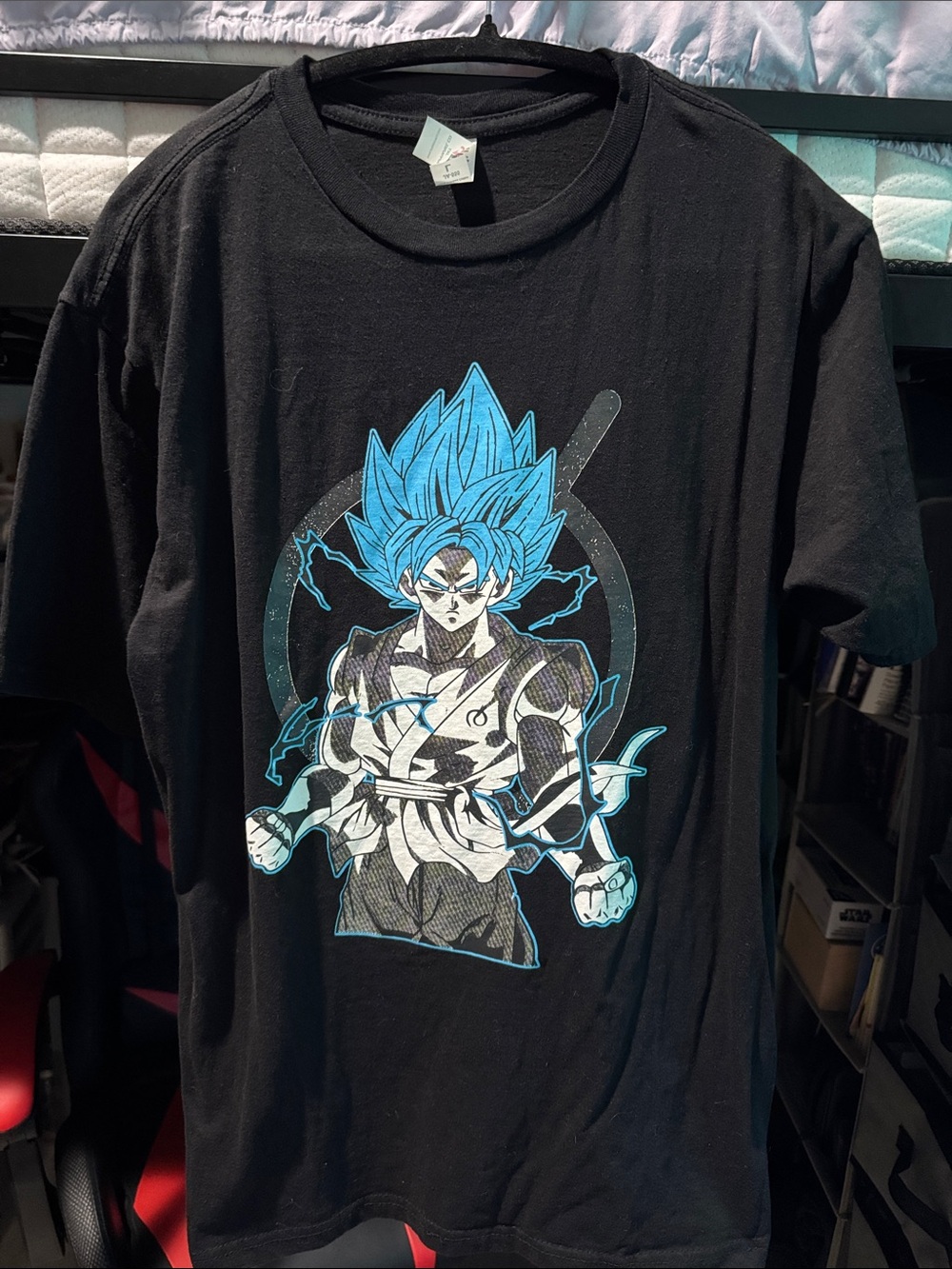 Men's Black Graphic Anime Tee with Bright Blue Accents